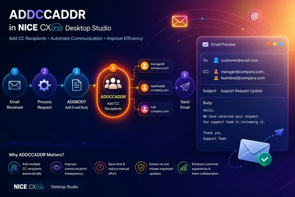 Addccaddr in nice cxone desktop studio showing email CC automation workflow with scripting interface