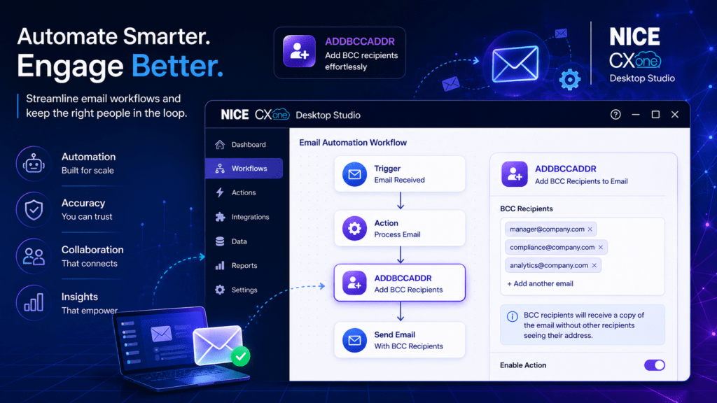 ADDBCCADDR in NICE CXone Desktop Studio email automation workflow with BCC recipients