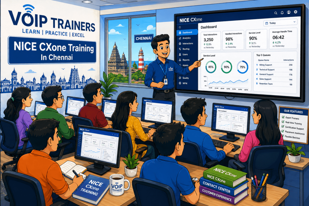 Nice CXone training VoIPTrainers in Chennai with students learning customer support software and trainer explaining CXone dashboard