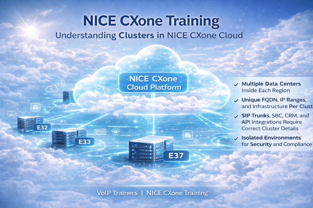 NICE CXone training cluster architecture showing regions clusters FQDN and IP integration flow