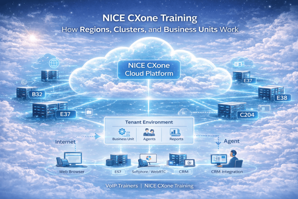 NICE CXone training diagram explaining region vs cluster and cloud contact center architecture