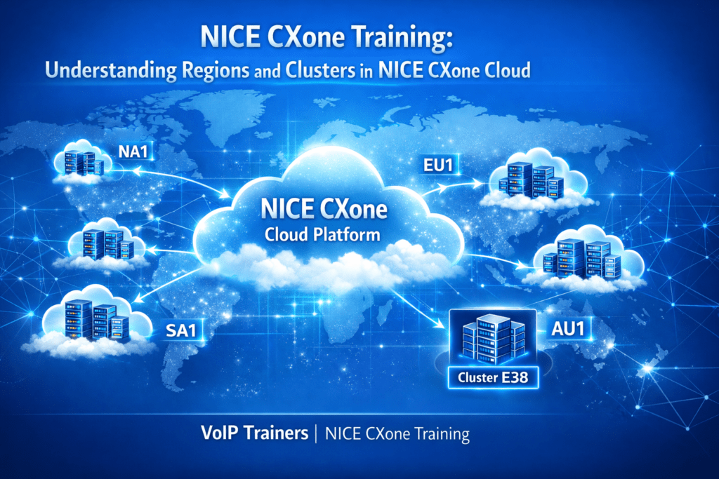 NICE CXone training region and cluster architecture showing global regions and failover clusters