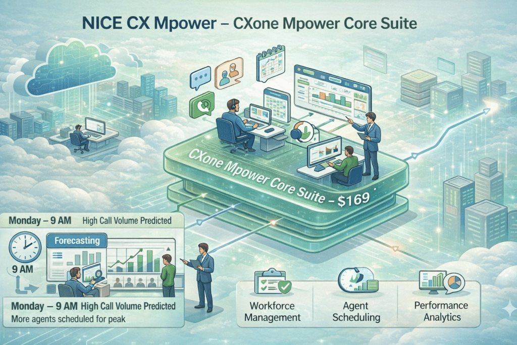CXone Mpower Core Suite showing workforce management, agent scheduling and call forecasting in NICE CXone platform