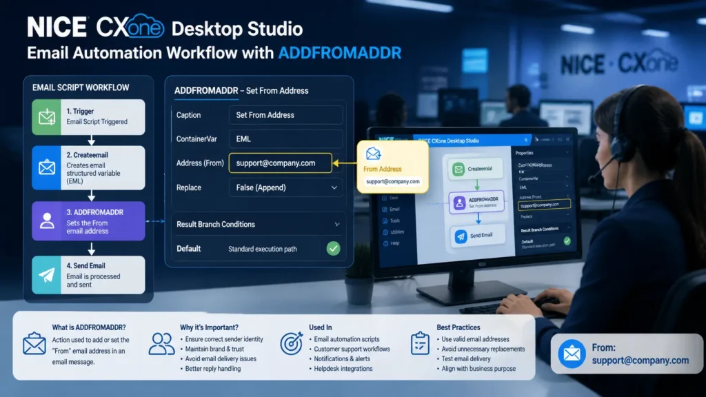 ADDFROMADDR in NICE CXone Desktop Studio used to set the from address in email automation workflows for contact center communication